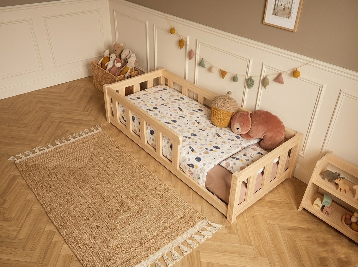 Lit enfant en bois ras du sol avec barrières horizontales 90x190 – Lit Petit Nid