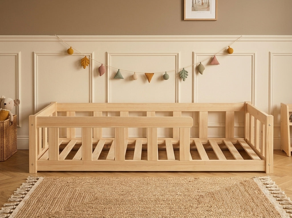 Lit enfant en bois ras du sol avec barrières horizontales 90x190 – Lit Petit Nid