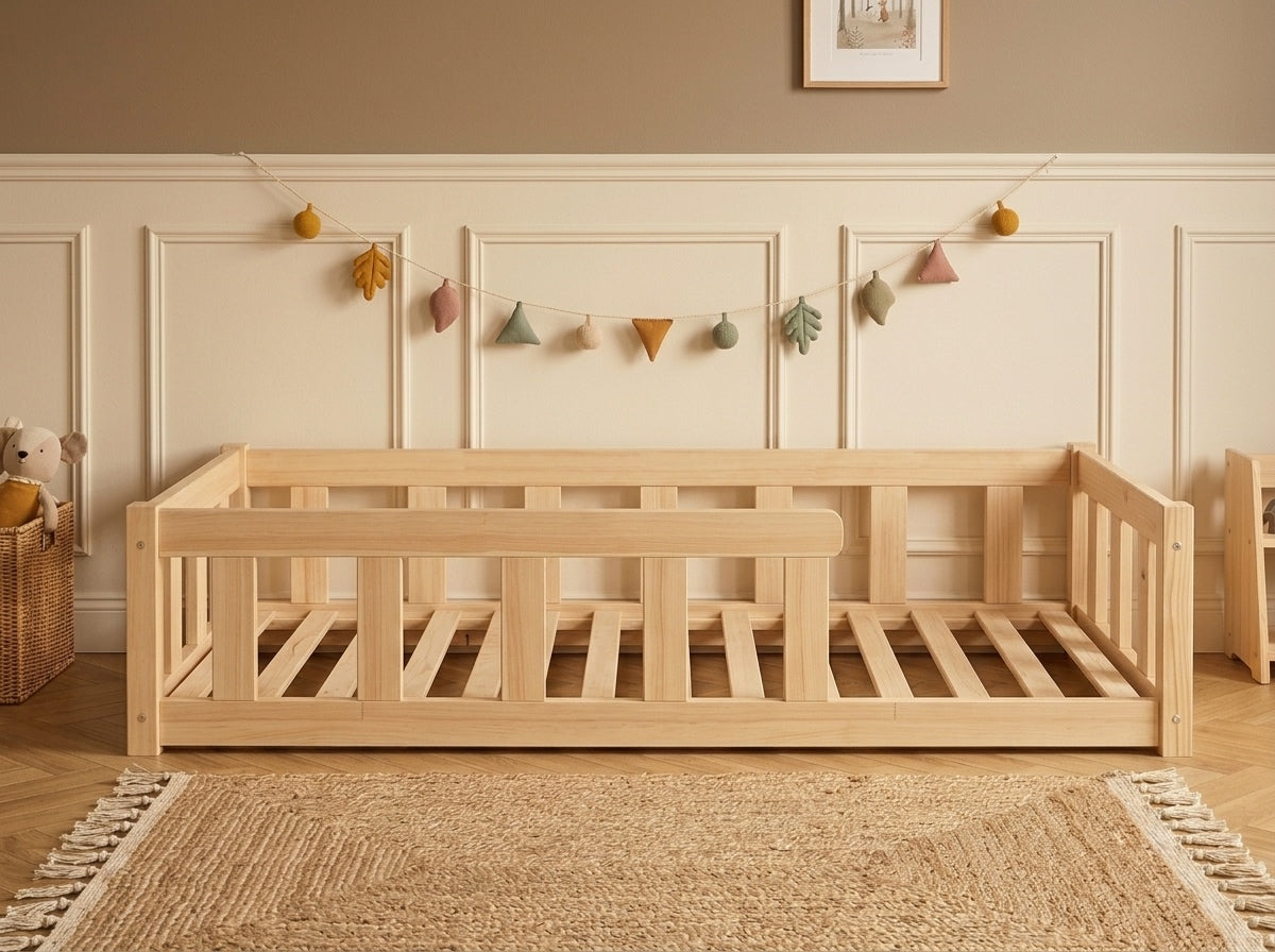Lit enfant en bois ras du sol avec barrières horizontales 90x190 – Lit Petit Nid