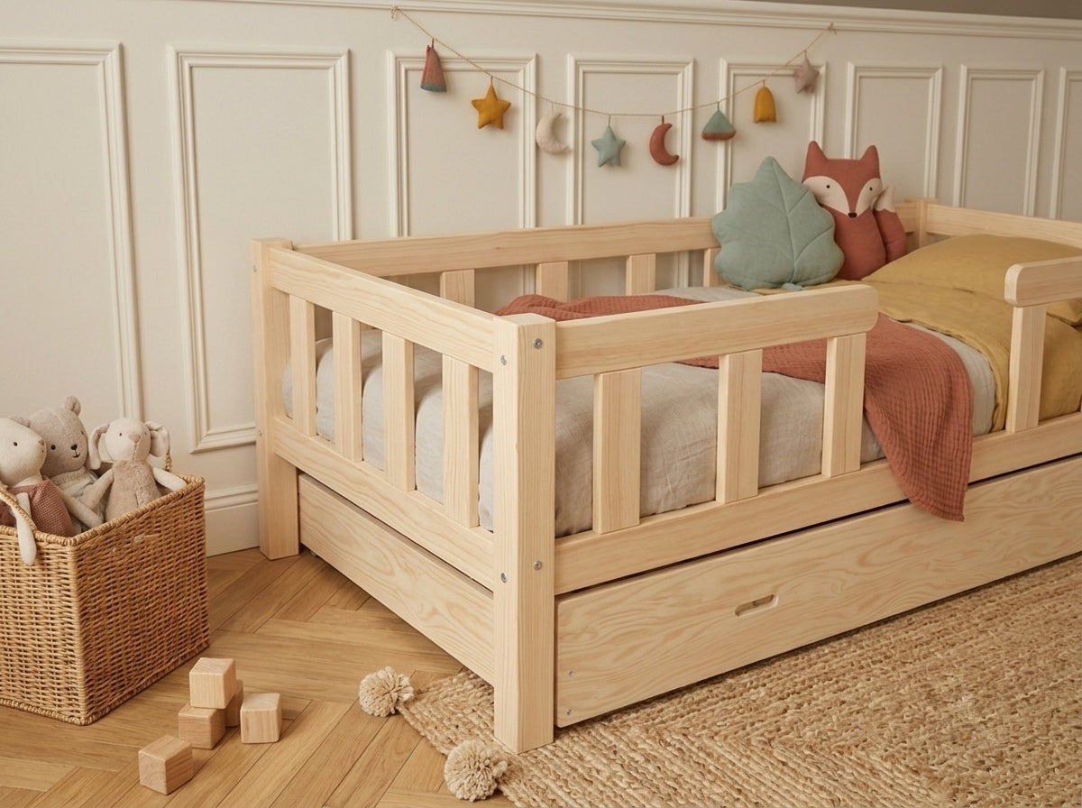 Lit simple 80x160 en bois avec barrières de sécurité environnantes – Lit Nuage