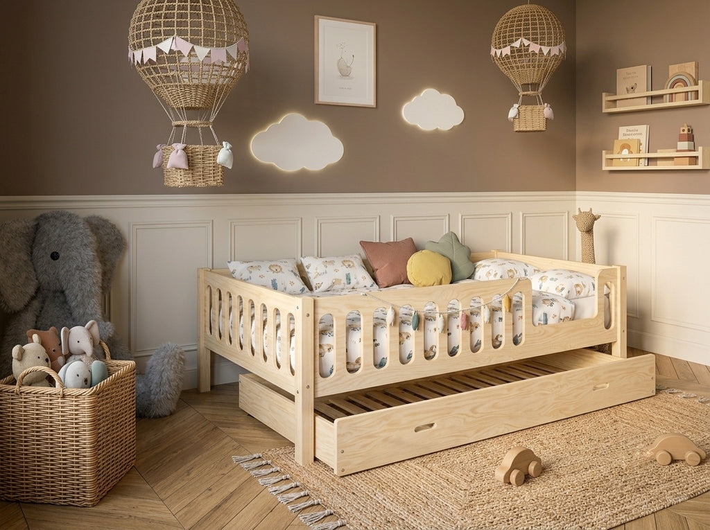 Lit double 120x200 en bois avec barrières sécurisantes et beaux barreaux – Lit Cocon