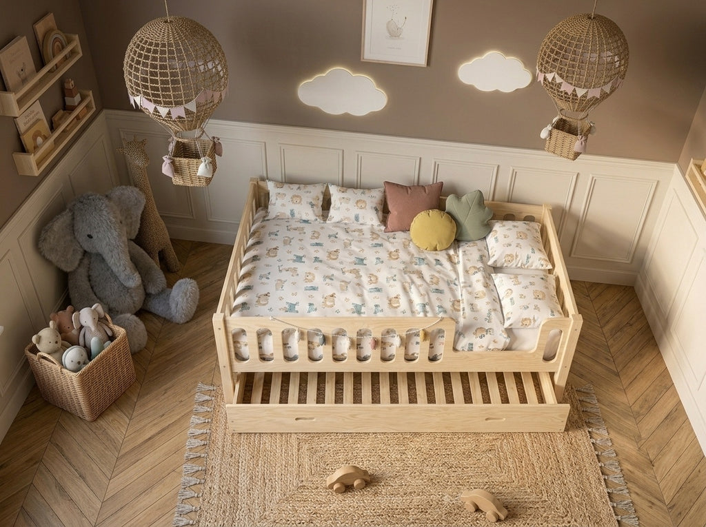Lit double enfant en bois avec barrières arrondies 140x200 – Lit Cocon