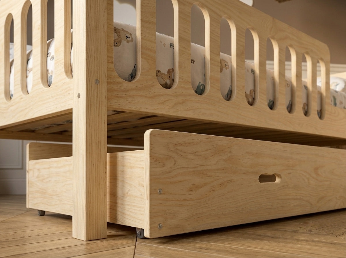 Lit double enfant en bois avec barrières arrondies 140x200 – Lit Cocon