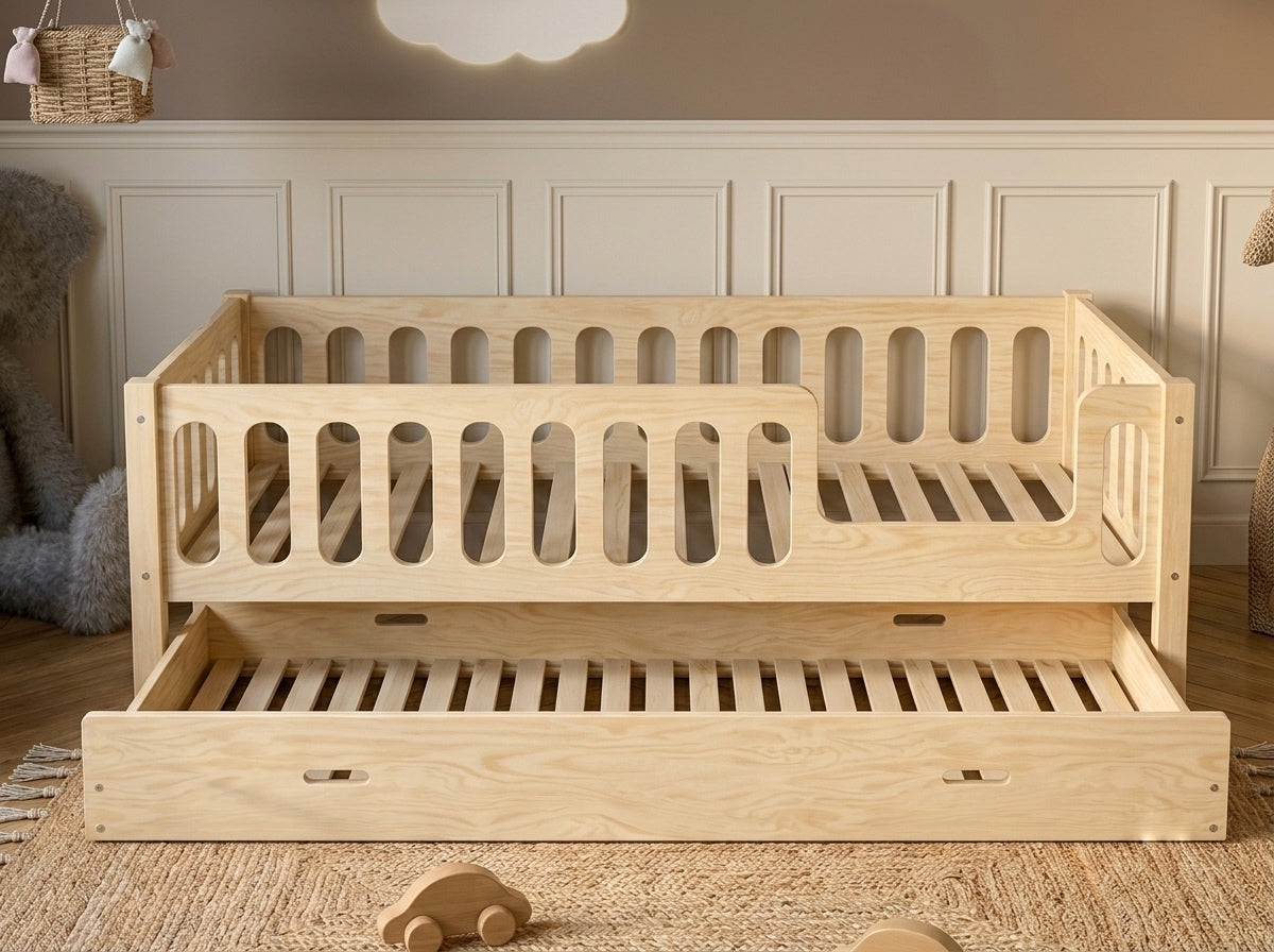 Lit double 120x200 en bois avec barrières sécurisantes et beaux barreaux – Lit Cocon
