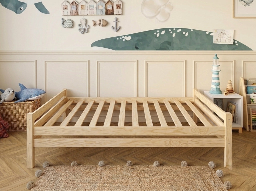 Lit double 120x200 en bois avec structure basse et chaleureuse – Lit Rêverie