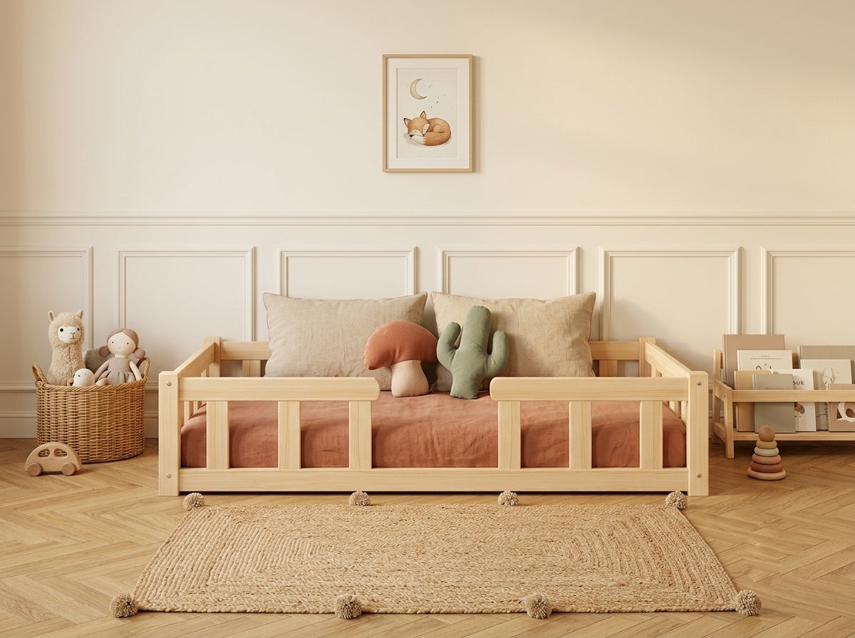 Lit double ras du sol en bois avec larges barrières 140x200 – Lit Nuage