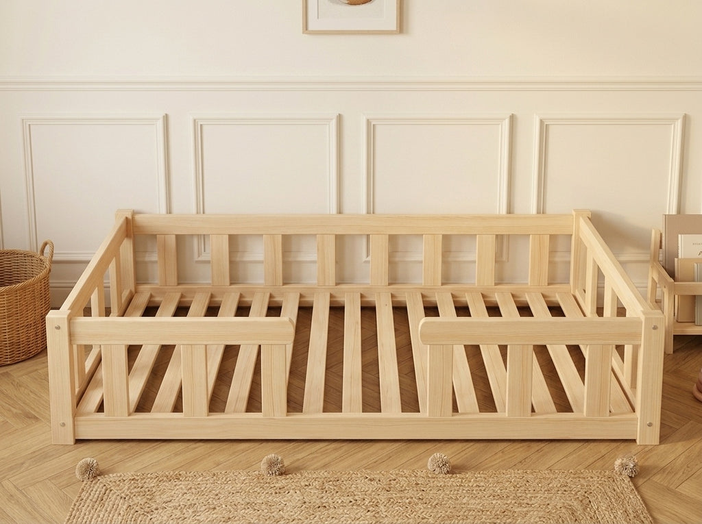 Lit double ras du sol en bois avec larges barrières 140x200 – Lit Nuage