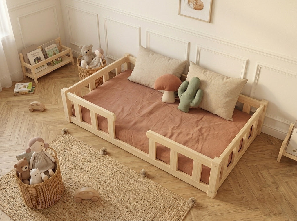 Lit double 120x200 en bois avec barrières de sécurité et design épuré – Lit Cocon