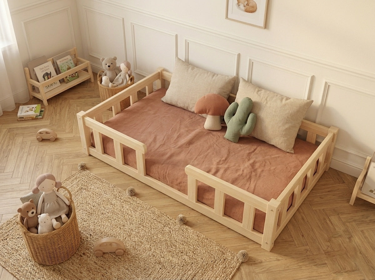 Lit double 120x200 en bois avec barrières de sécurité et design épuré – Lit Cocon