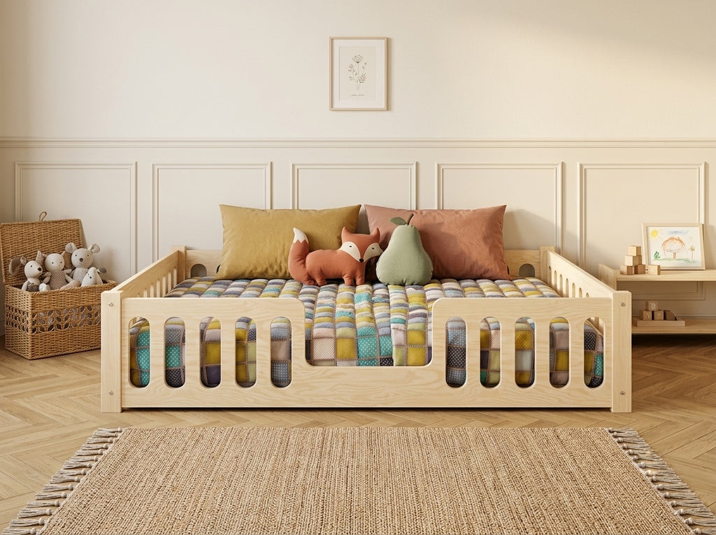Lit double Montessori 120x200 en bois avec barrières de sécurité aux bords arrondis – Lit Cocon