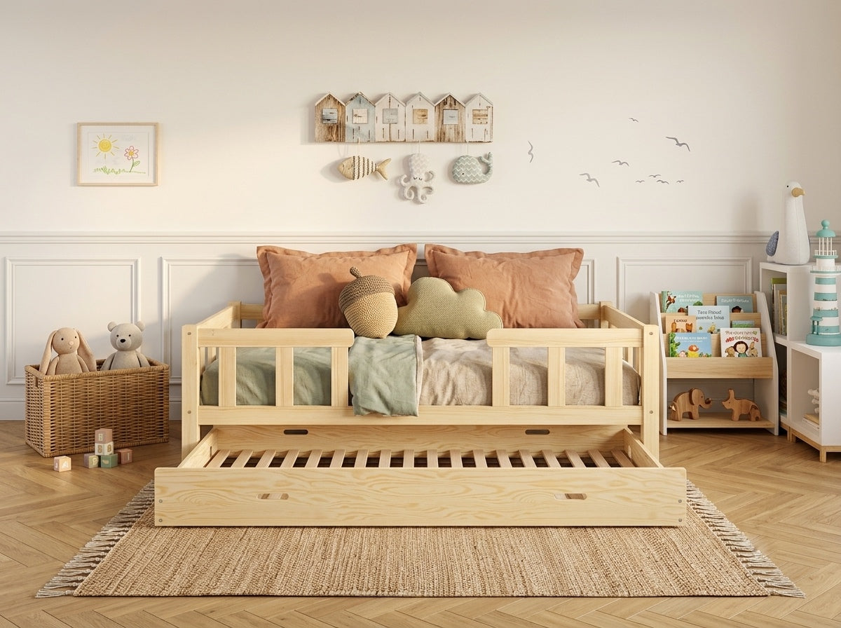 Lit double gigogne en bois avec larges barrières 140x200 – Lit Farandole