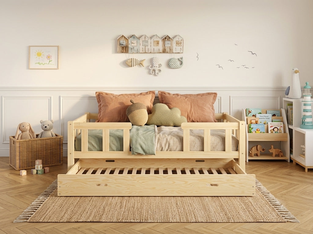Lit double 120x200 en bois avec barrières de protection rassurantes – Lit Cocon