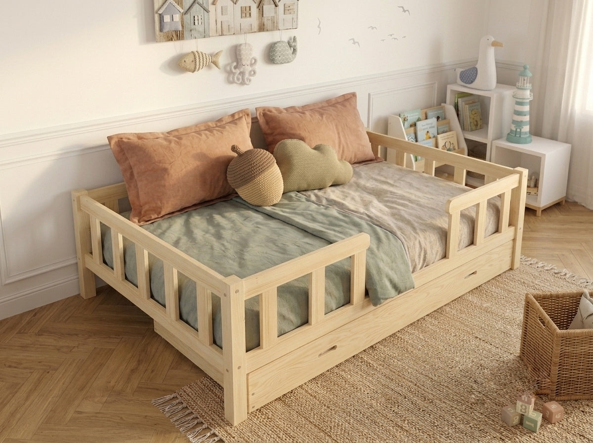 Lit double gigogne en bois avec larges barrières 140x200 – Lit Farandole