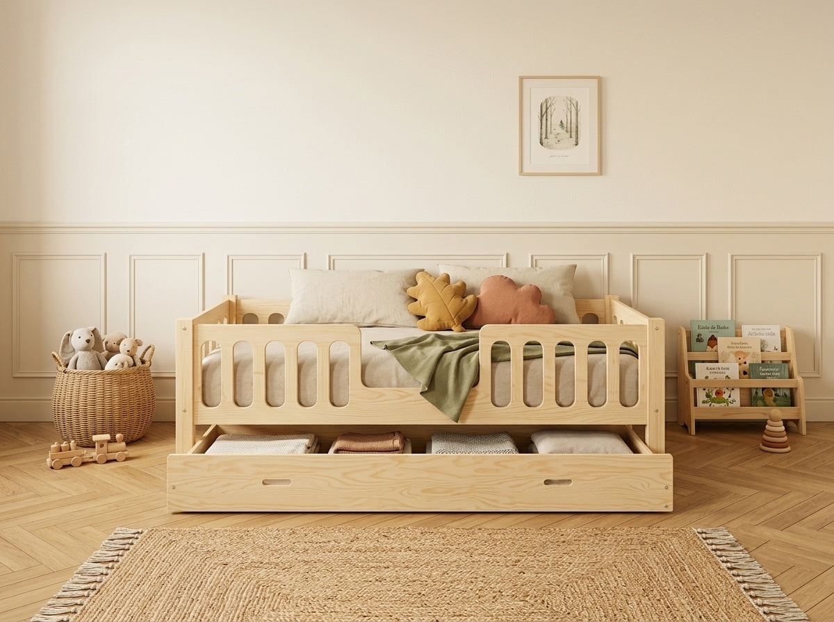 Lit double 120x200 en bois avec barrières de sécurité et jolies finitions – Lit Aurore