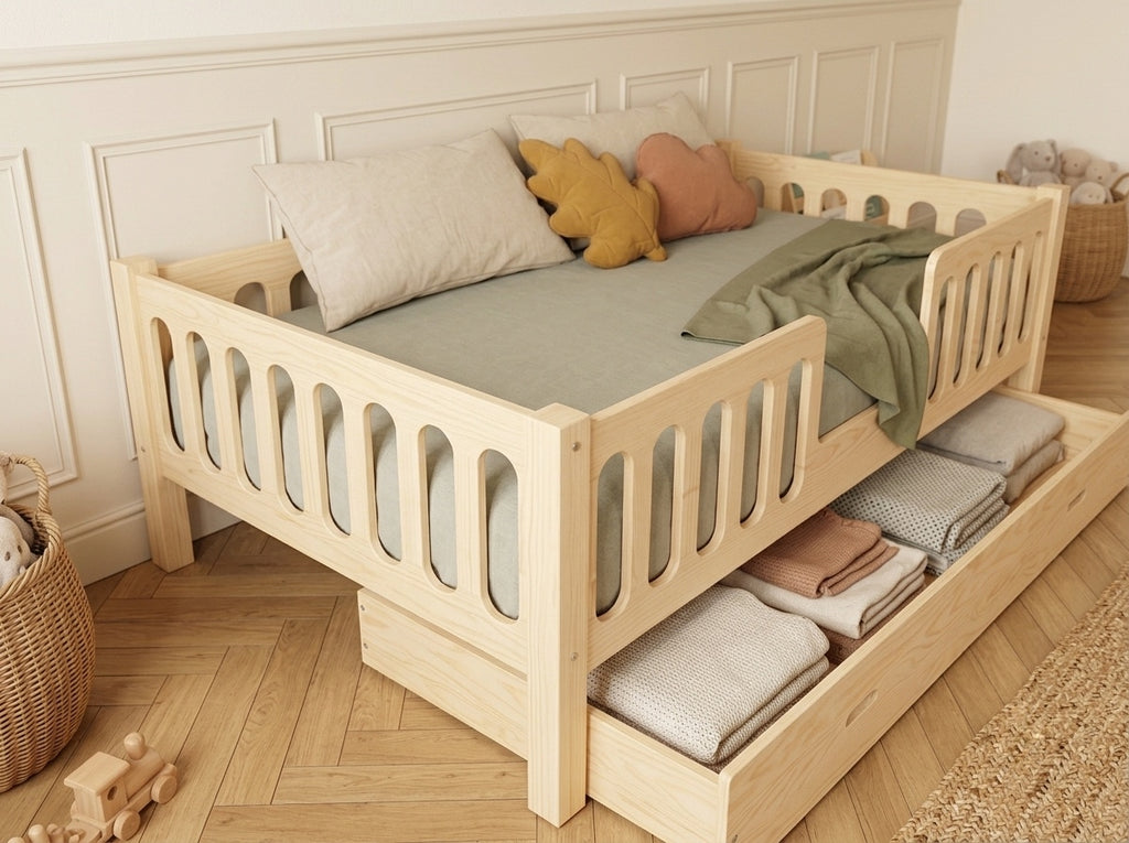 Lit double gigogne en bois avec barrières ajourées 140x200 – Lit Lucioles