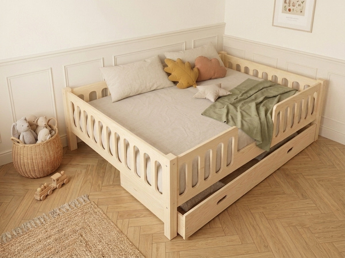 Lit double 120x200 en bois avec barrières de sécurité et jolies finitions – Lit Aurore