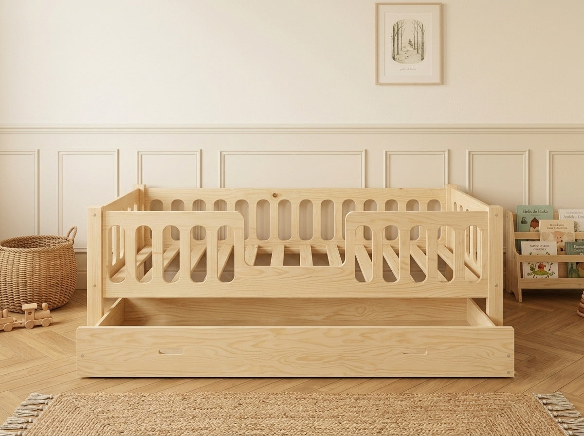Lit double gigogne en bois avec barrières ajourées 140x200 – Lit Lucioles