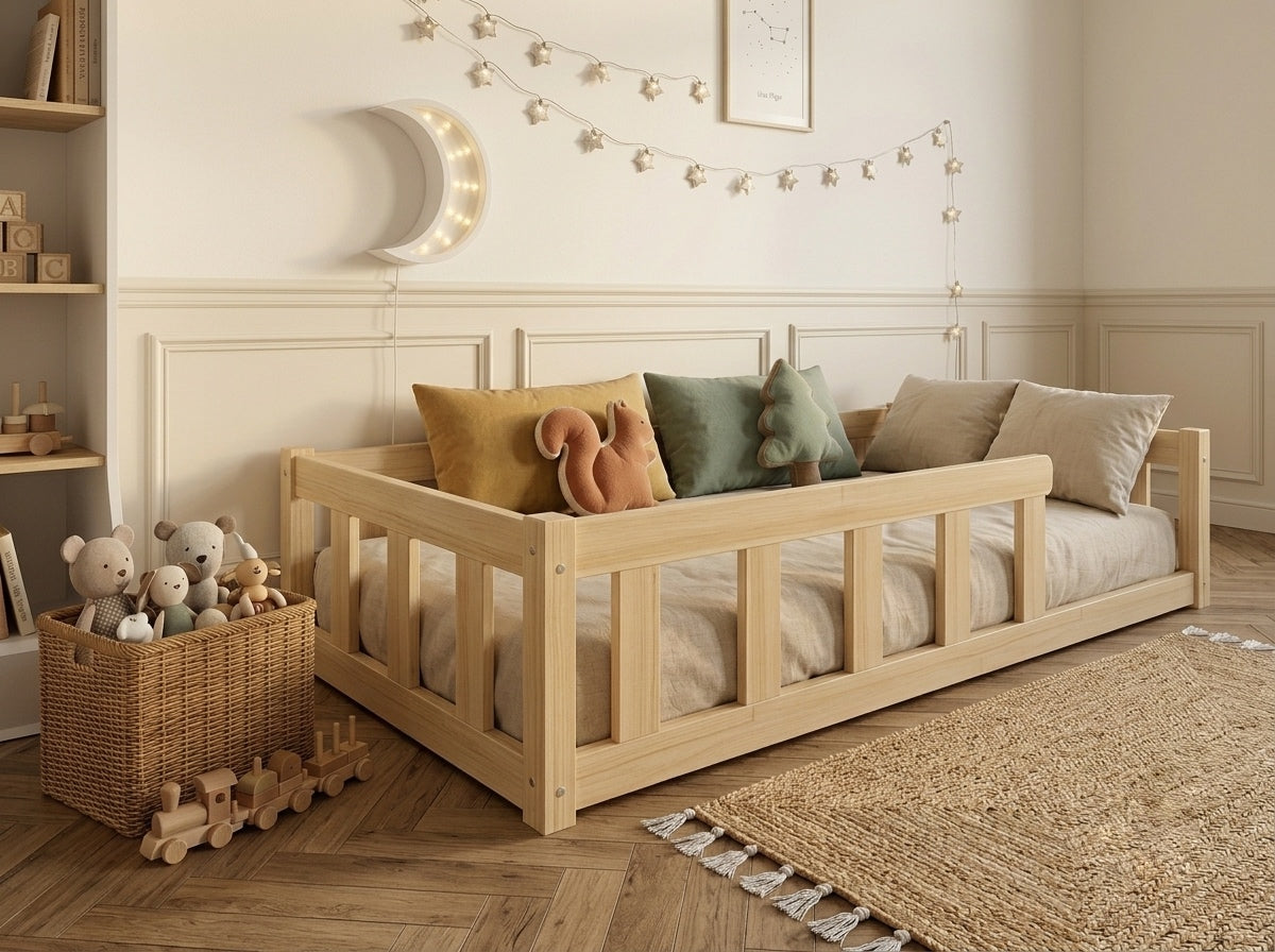 Lit double enfant en bois ras du sol avec barrières 140x200 – Lit Cocon