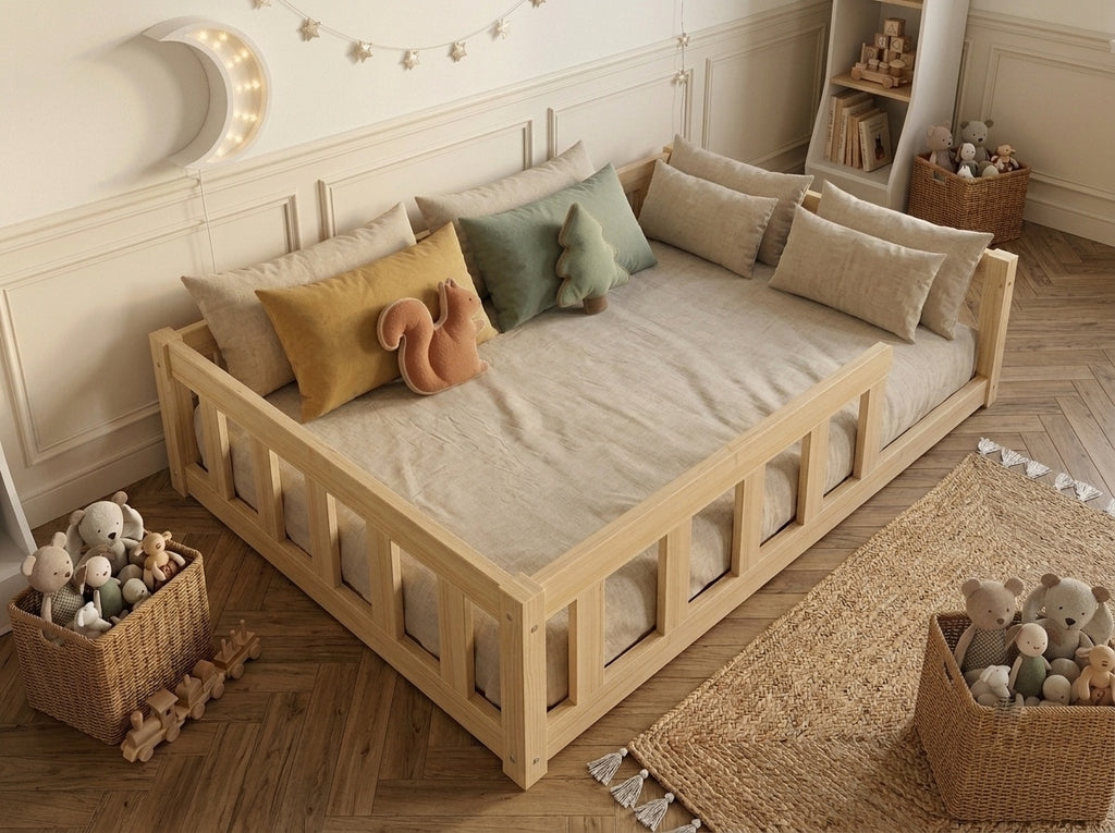 Lit double enfant en bois ras du sol avec barrières 140x200 – Lit Cocon
