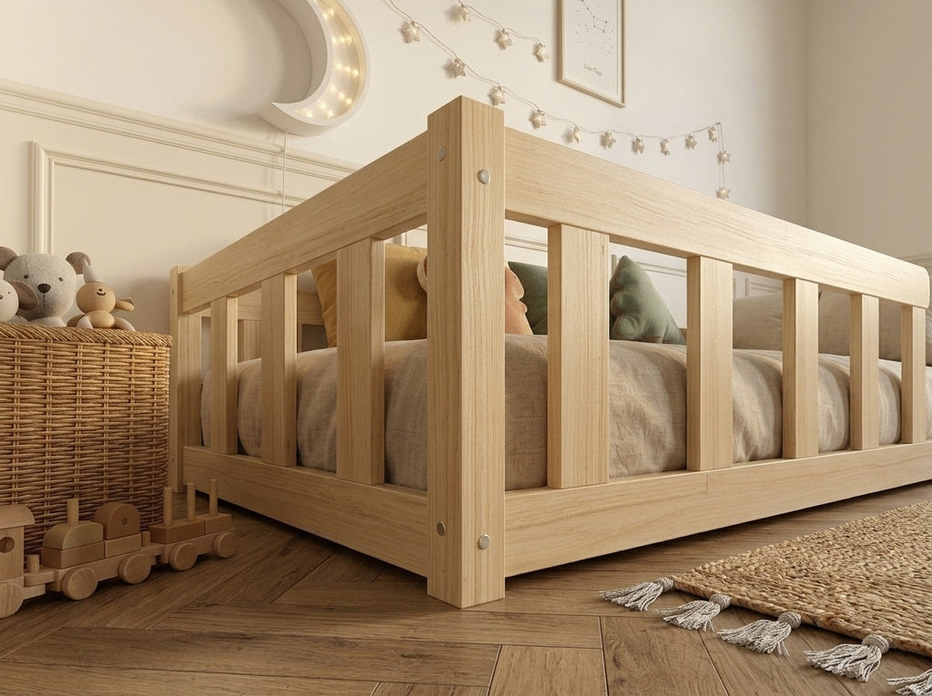 Lit double enfant en bois ras du sol avec barrières 140x200 – Lit Cocon