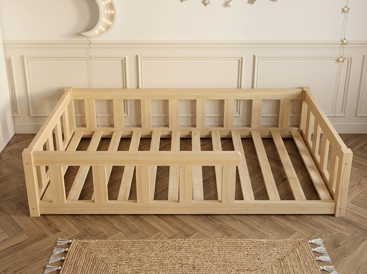 Lit double enfant en bois ras du sol avec barrières 140x200 – Lit Cocon