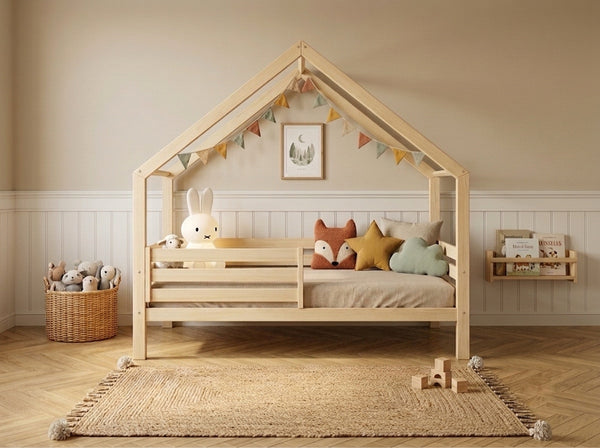 Lit cabane en bois en forme de maison avec tiroir 90x190 – Lit Étoilé