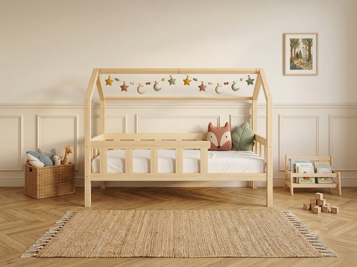 Lit cabane en bois en forme de maison avec tiroir 80x160 – Lit Câlin