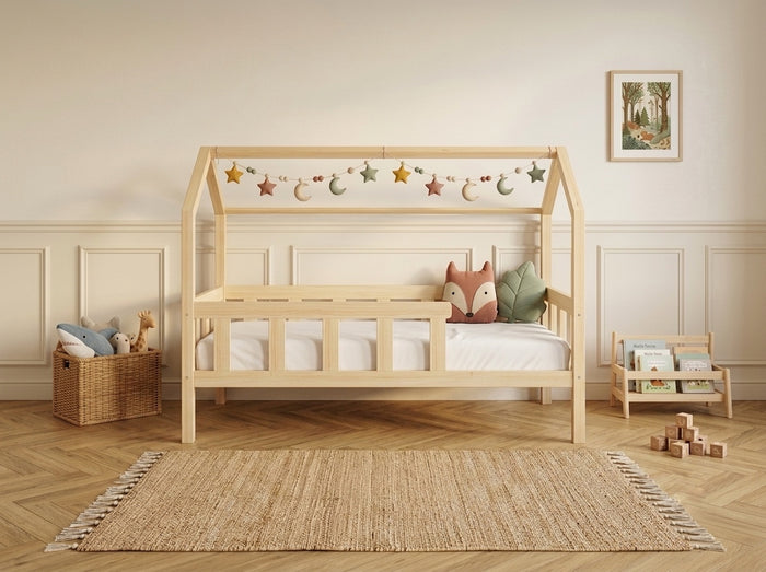 Lit cabane 90x190 en bois avec barrières de sécurité et tiroir gigogne – Lit Farandole
