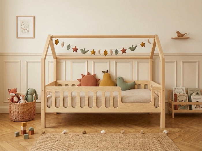 Lit cabane 80x160 en bois avec toit façon maisonnette et tiroir de rangement – Lit Farandole