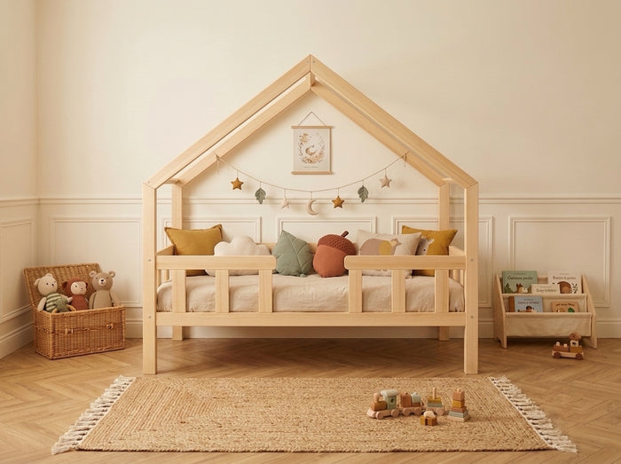 Lit cabane 90x190 en bois avec barrières et tiroir de rangement – Lit Rêverie