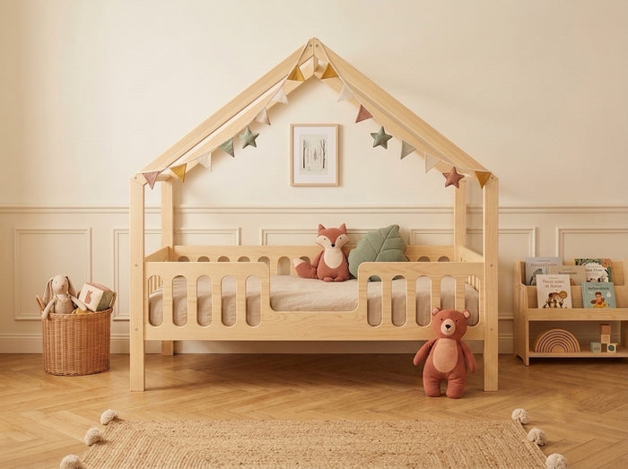 Lit cabane 80x160 en bois avec toit façon maisonnette et barrières de sécurité – Lit Rêverie