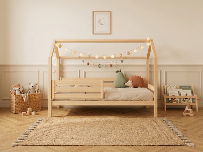 Lit double cabane 140x200 en bois avec toit façon maisonnette et couchage tiroir gigogne – Lit Étincelle
