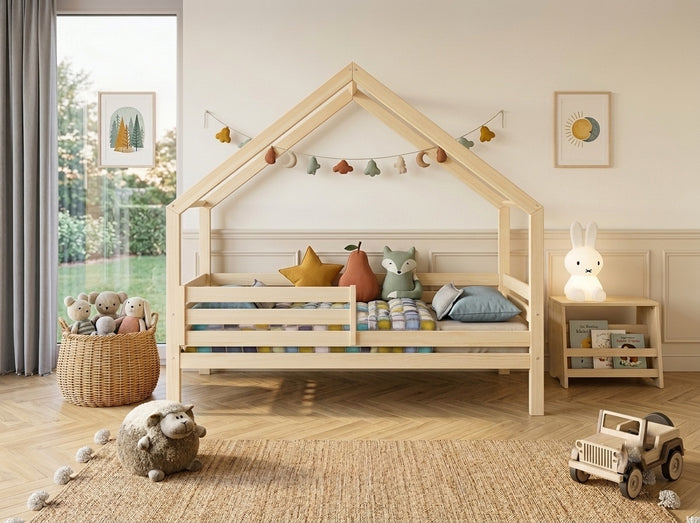 Lit cabane double 120X200 en bois avec toit façon maisonnette et barrières de sécurité – Lit Boréal