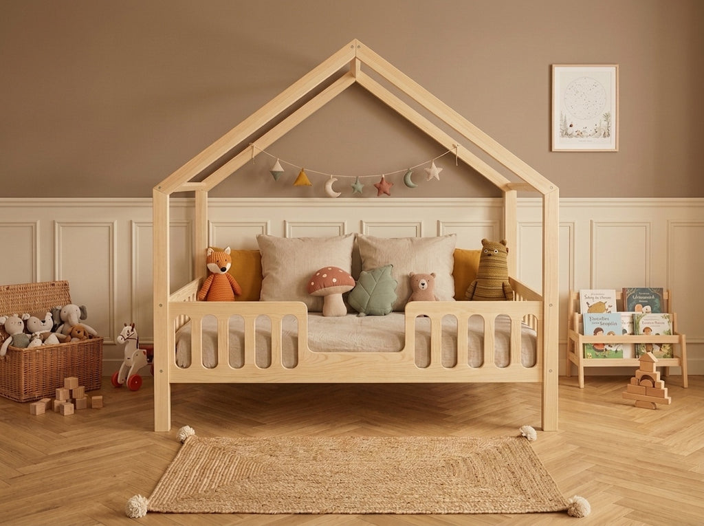Lit double en bois en forme de maison avec barrières 120x200 – Lit Cocon