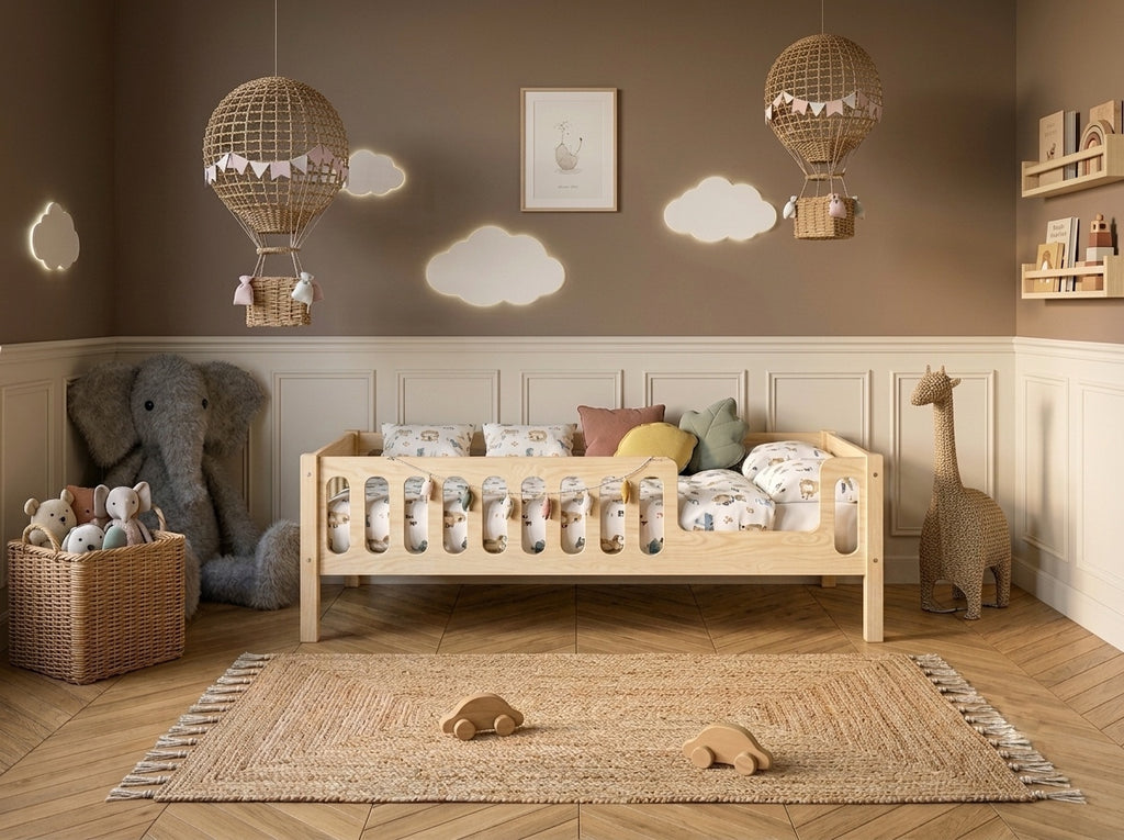 Lit double 120x200 en bois avec barrières sécurisantes et beaux barreaux – Lit Cocon