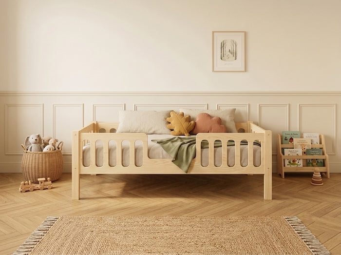 Lit double gigogne en bois avec barrières ajourées 140x200 – Lit Lucioles