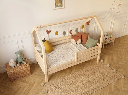 Lit cabane en bois avec toit forme maison 80x160 – Lit Câlin