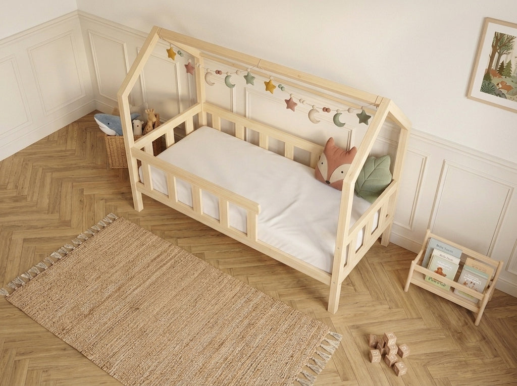 Lit cabane en bois en forme de maison avec tiroir 80x160 – Lit Câlin