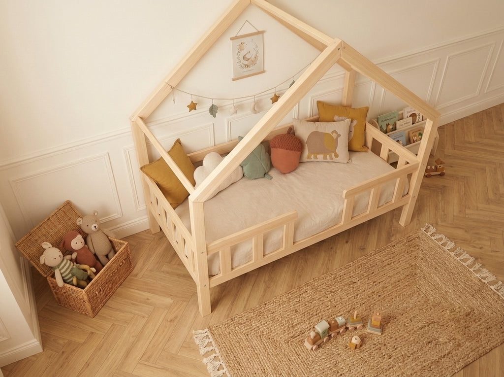 Lit cabane en bois en forme de maison avec tiroir 80x160 – Lit Lucioles