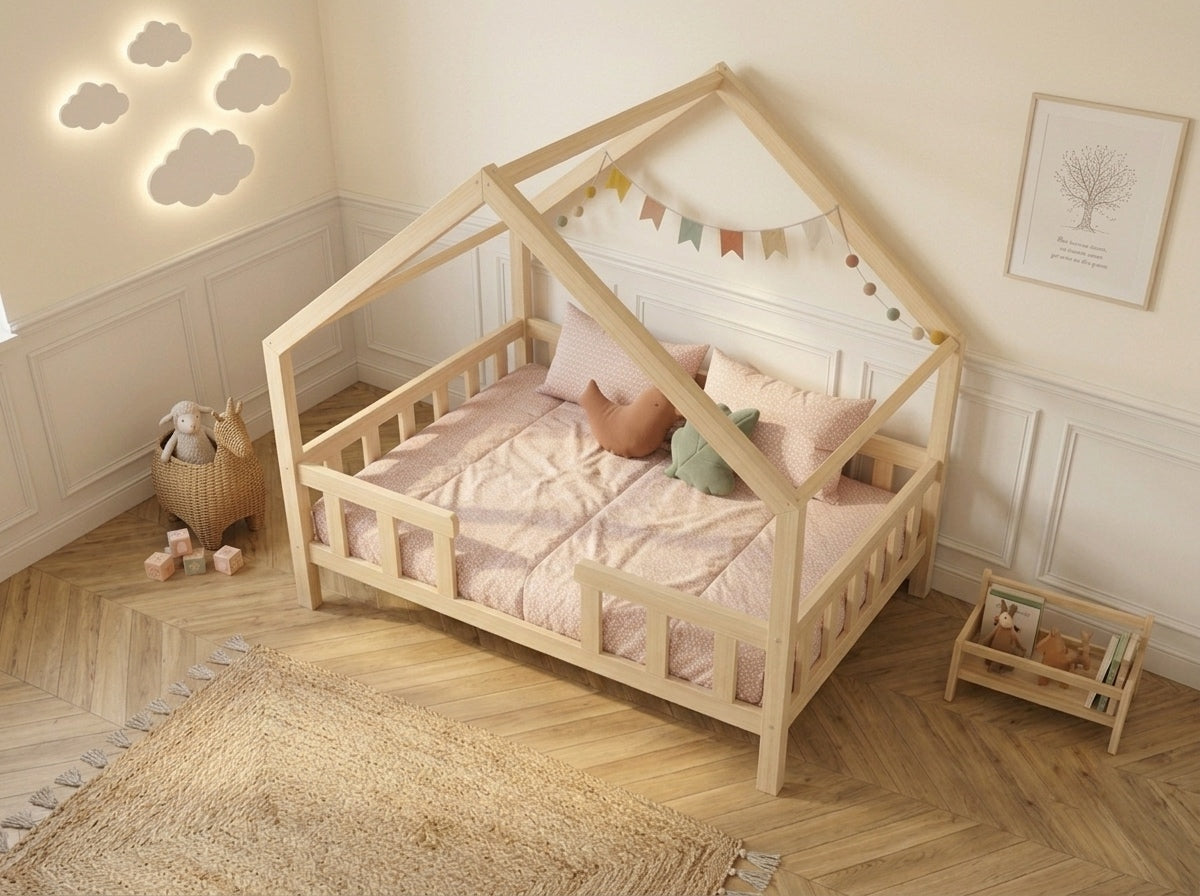 Lit double cabane en bois massif avec barrières et design maison 120x200 – Lit Cocon
