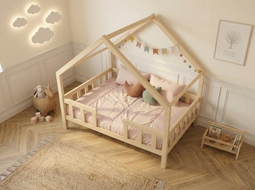 Lit cabane 140x200 en bois avec barrières de sécurité et tiroir – Lit Étoilé