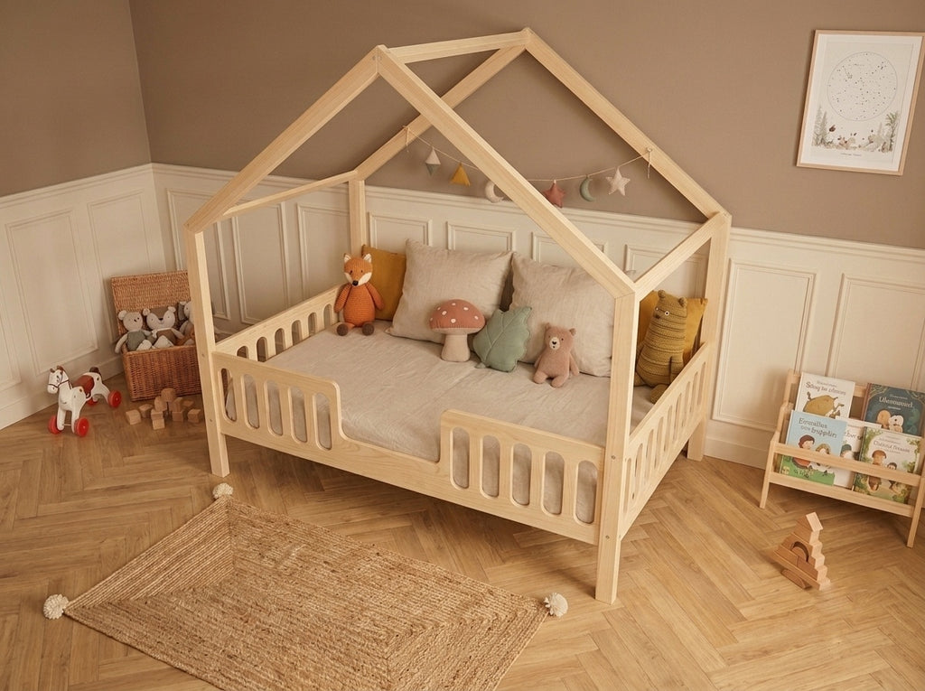 Lit double en bois en forme de maison avec barrières 120x200 – Lit Cocon