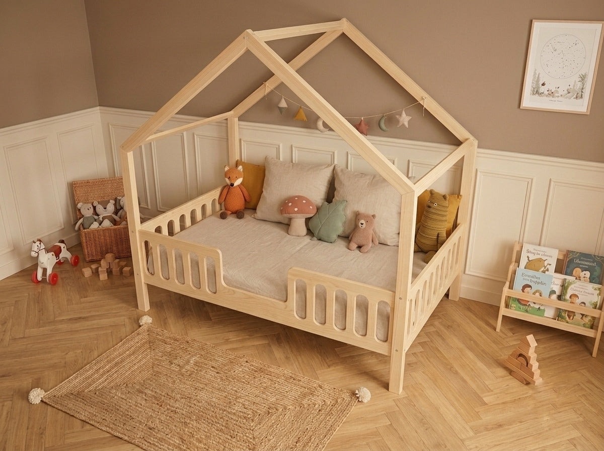 Lit double en bois en forme de maison avec barrières 120x200 – Lit Cocon