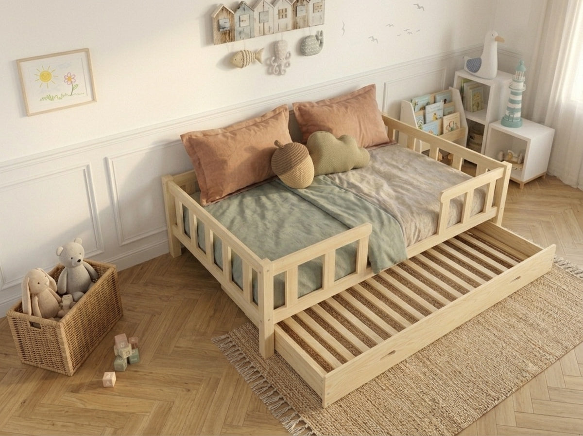 Lit double gigogne en bois avec larges barrières 140x200 – Lit Farandole
