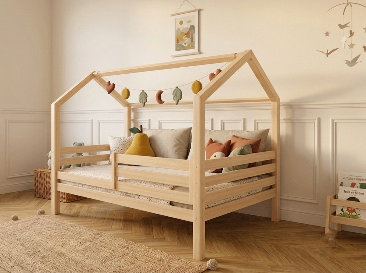 Lit cabane en bois en forme de maison avec tiroir 90x190 – Lit Lucioles