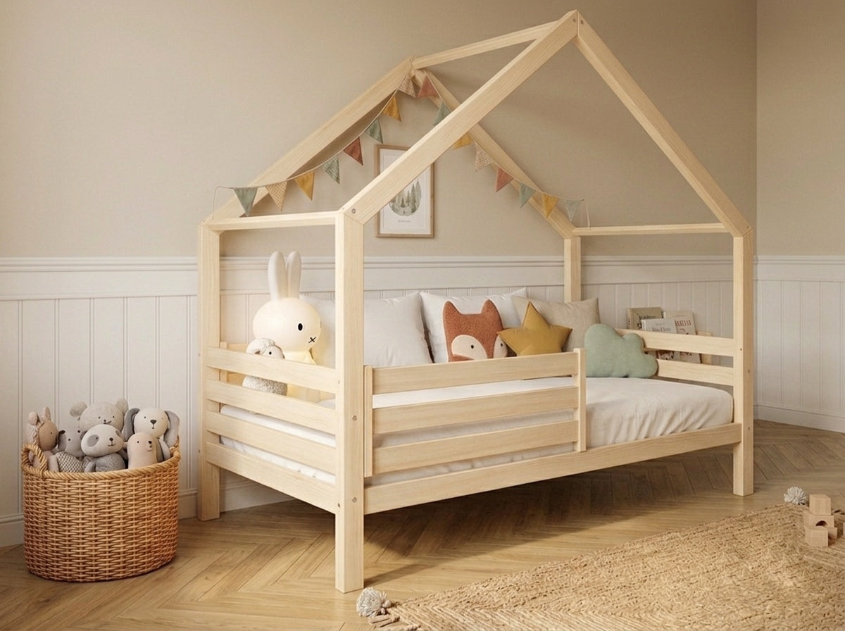 Lit cabane en bois en forme de maison avec tiroir 80x160 – Lit Nuage