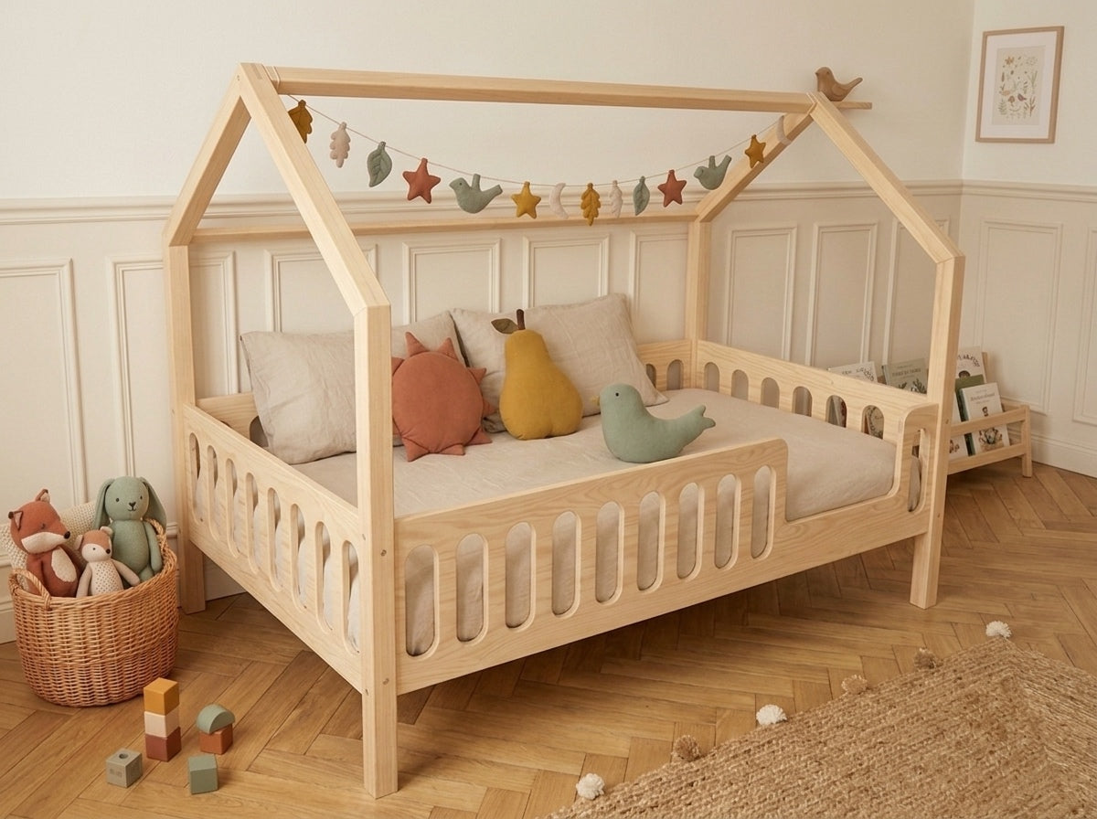 Lit cabane en bois en forme de maison avec tiroir 90x190 – Lit Tendresse