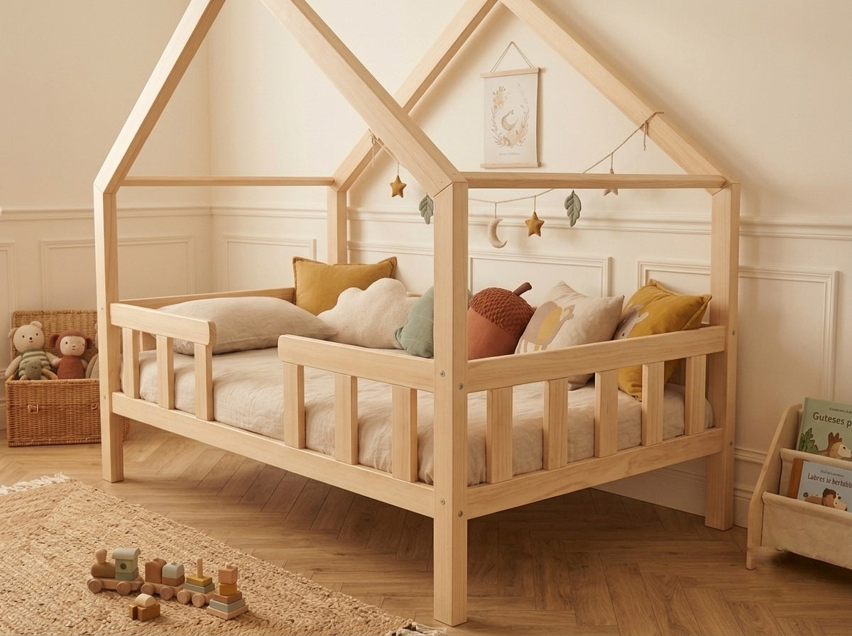 Lit cabane en bois en forme de maison avec tiroir 80x160 – Lit Lucioles