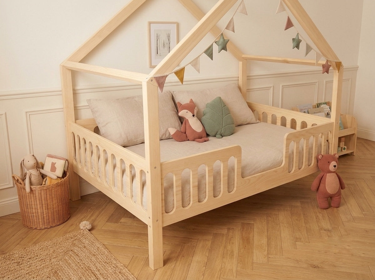 Lit cabane en bois en forme de maison avec tiroir 90x190 – Lit Farandole
