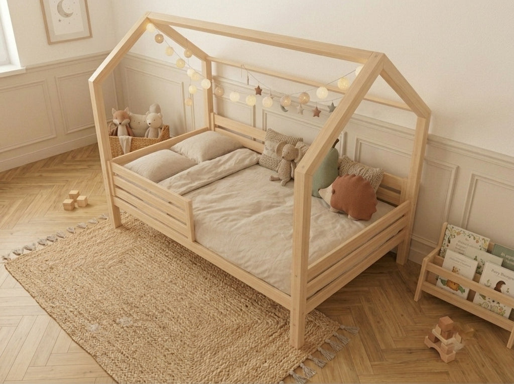 Lit cabane double en bois avec toit façon cabane et barrières de protection 120X200 – Lit Cocon